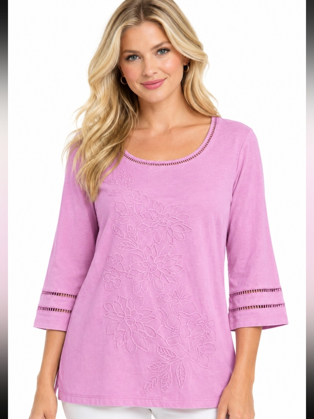 Ruby Rd. Floral Embroidered Petite Cotton Blend Top in Pink Size PM